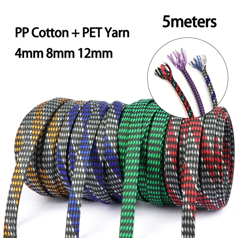 5Meters PP Cotton + PET Yarn 4mm 8mm 12mm Expanded Braided Sleeve Soft Wire Wrap Insulated Protection Cable Harness Line Sheath