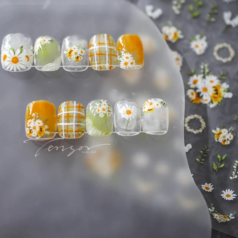 الأبيض ديزي عباد الشمس الأخضر يترك إكليل جارلاند زهرة العنقودية باقة شقة لاصق مسمار الفن ملصق مانيكير الشارات لوازم