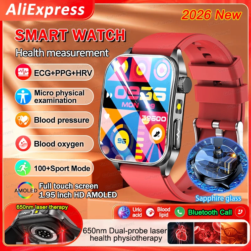 ساعة ذكية ECG مع قياس ضغط الدم والأكسجين في الدم باستخدام ليزر 650 نانومتر، وقياس حمض اليوريك، وميزات صحية، واتصال بلوتوث، وشاشة من الياقوت، للرجال، متوافقة مع أندرويد وiOS