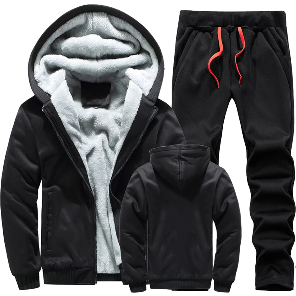 Winter Men Tracksuit Hooded Sportswear Zipper Jacket Fleece Trousers Men\'s Warm Solid Color Casual Men\'s Sports Suit