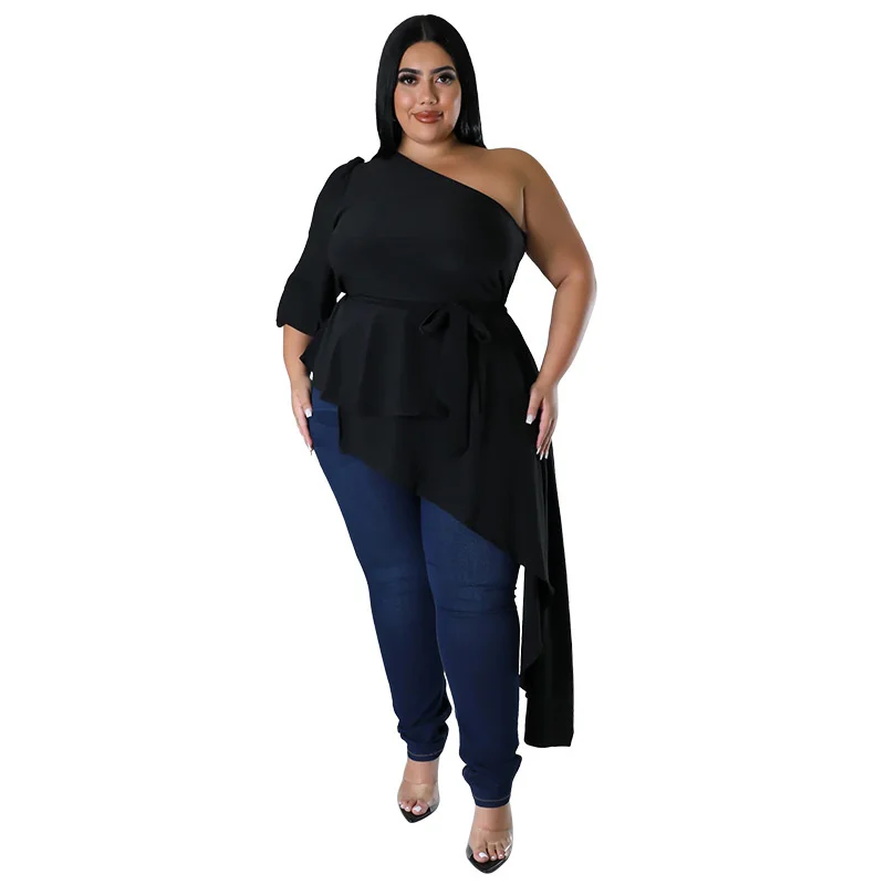 Women Plus Size Tops Fashion Irregular One Shoulder Long-sleeved Sexy Top 2023 New Casual Solid Color Elegant Temperament Blouse