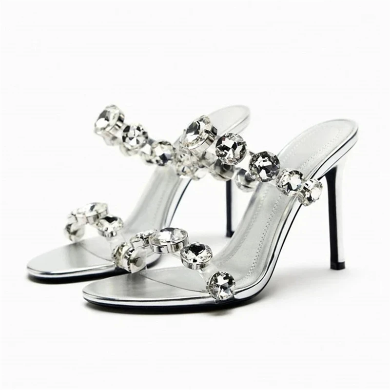 

TRAF Big Rhinestone High Heel Stilettos Women Summer Point Head Open Toe Slingback Pumps Silvery Sandals Slippers For Woman