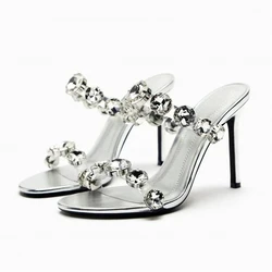 TRAF Big Rhinestone High Heel Stilettos Women  Summer Point Head Open Toe Slingback Pumps Silvery Sandals Slippers For Woman