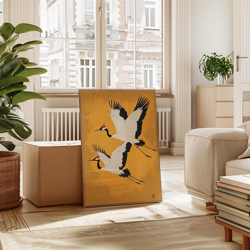 حكيم الذهب الأخضر Japandi الفن طباعة الطيور الطائرة جدار الفن مجردة الشمس الفن غرفة المعيشة ديكور اليابانية جدار الفن ديكور غرفة نوم هدية