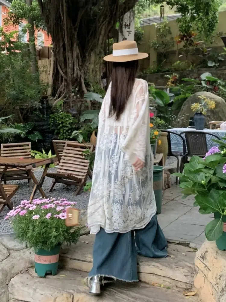 

Кардиган с крючком и цветочной шалью, пальто, осенний ленивый стиль, свободная рубашка, свитера, свободный топ средней длины, женский кружевной топ Y2k