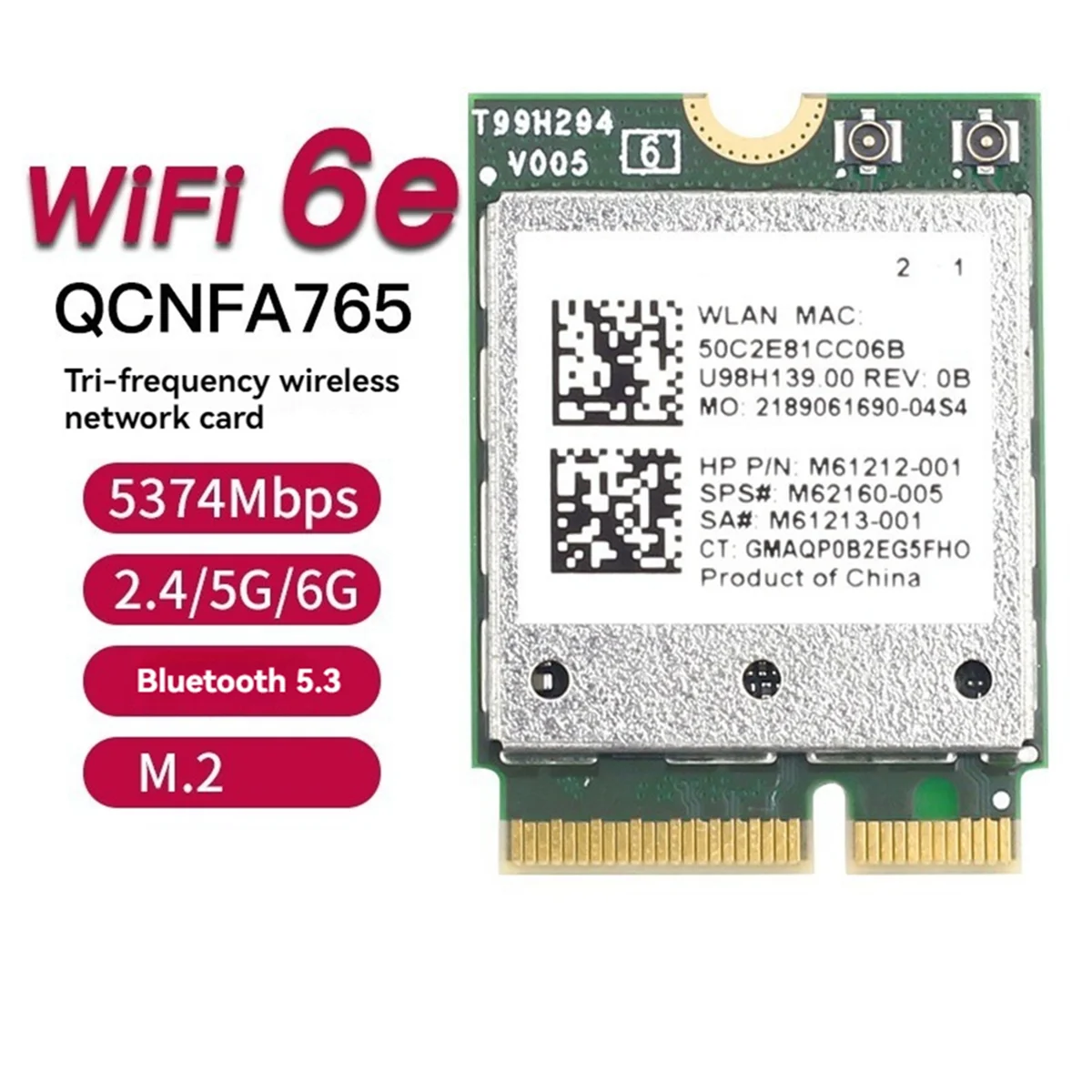 Placa de rede sem fio ac18 qcnfa765 wifi 6e 2.4g/5g/6g 5374mbps bluetooth 5.3 placa wi-fi módulo m.2 ngff para win10 win11