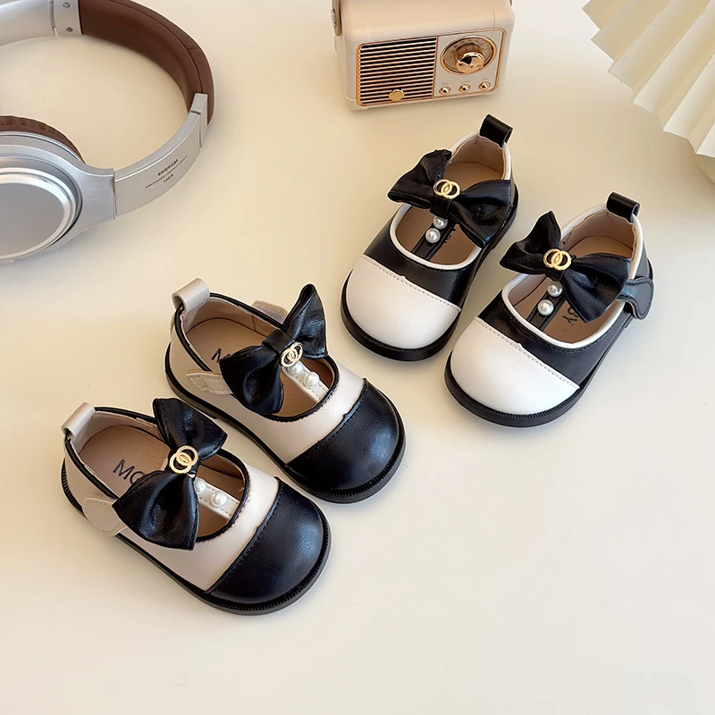 

Autumn Girl's Princess Shoes Bowknot Hook-loop Lovely Kid's Flat Shoe Solid Colors Anti-slip Trendy Daily Children Shoe 4-6Y