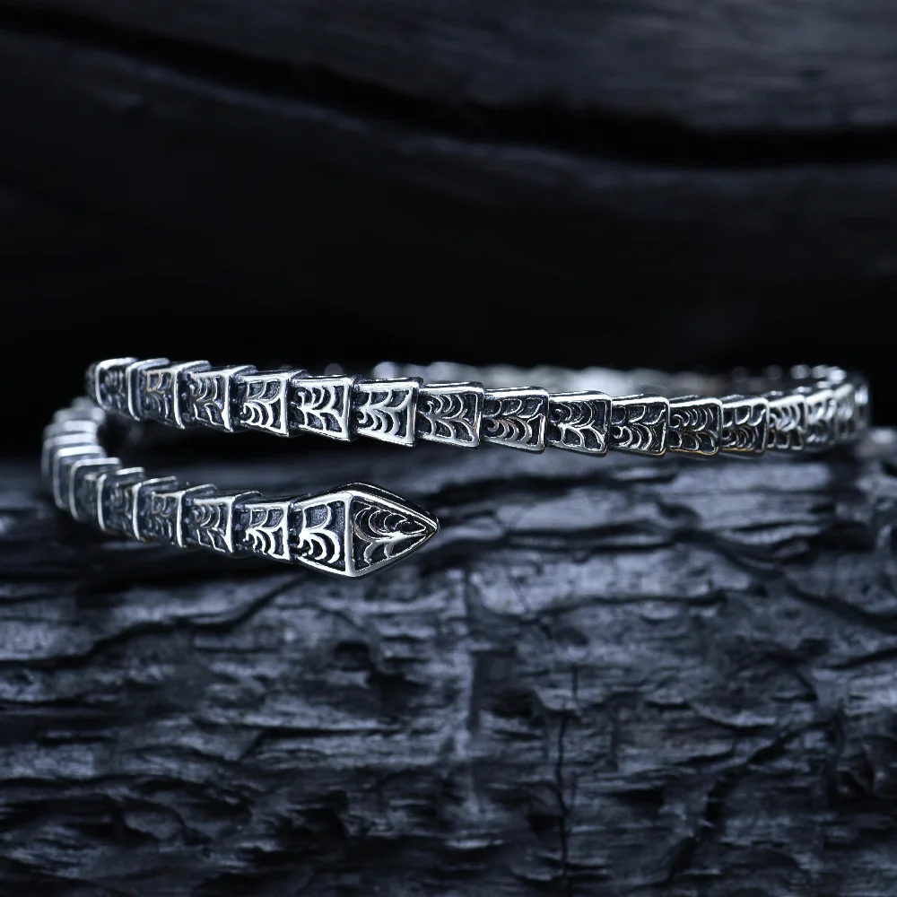 

Silver 925 European and American retro snake-shaped open-ended bracelet ins cool texture bracelet minority fashion bracelet