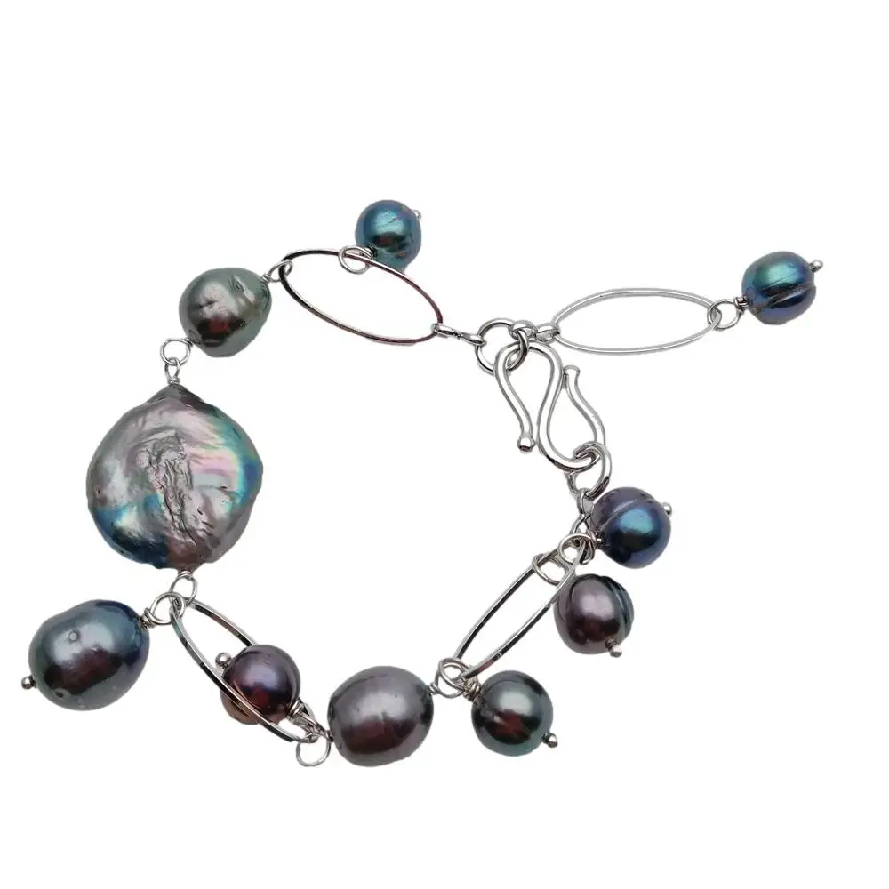 

KKGEM natural round coin shape black freshwater pearl Chain Charm Bracelet Women Jewelry