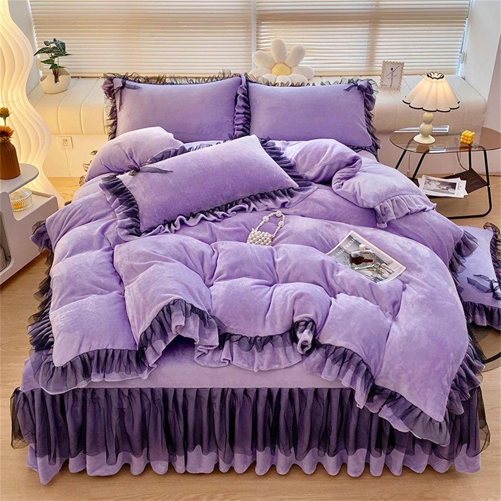 Princess Bedding Set Kawaii Bed Skirt Milk Velvet Warm Thickened Luxury Four-Piece Set Pillowcase Girls Duvet Cover Home Decor