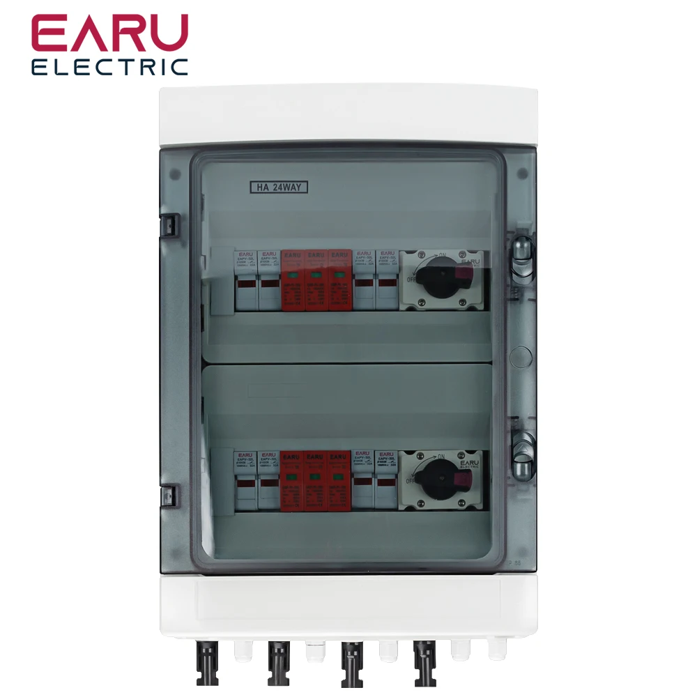 EARU DC 1000V 4 Input 2 Output Solar Photovoltaic PV Combiner Box Surge Lightning Protection DC Fuse MCB SPD Waterproof Box IP65