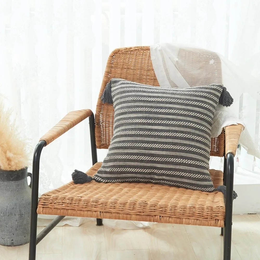 CIFBUY Cotton Linen Thickened Striped Tassel Cushion Cover 18x18 Inch Vintage Decorative Throw Pillow Case for Home