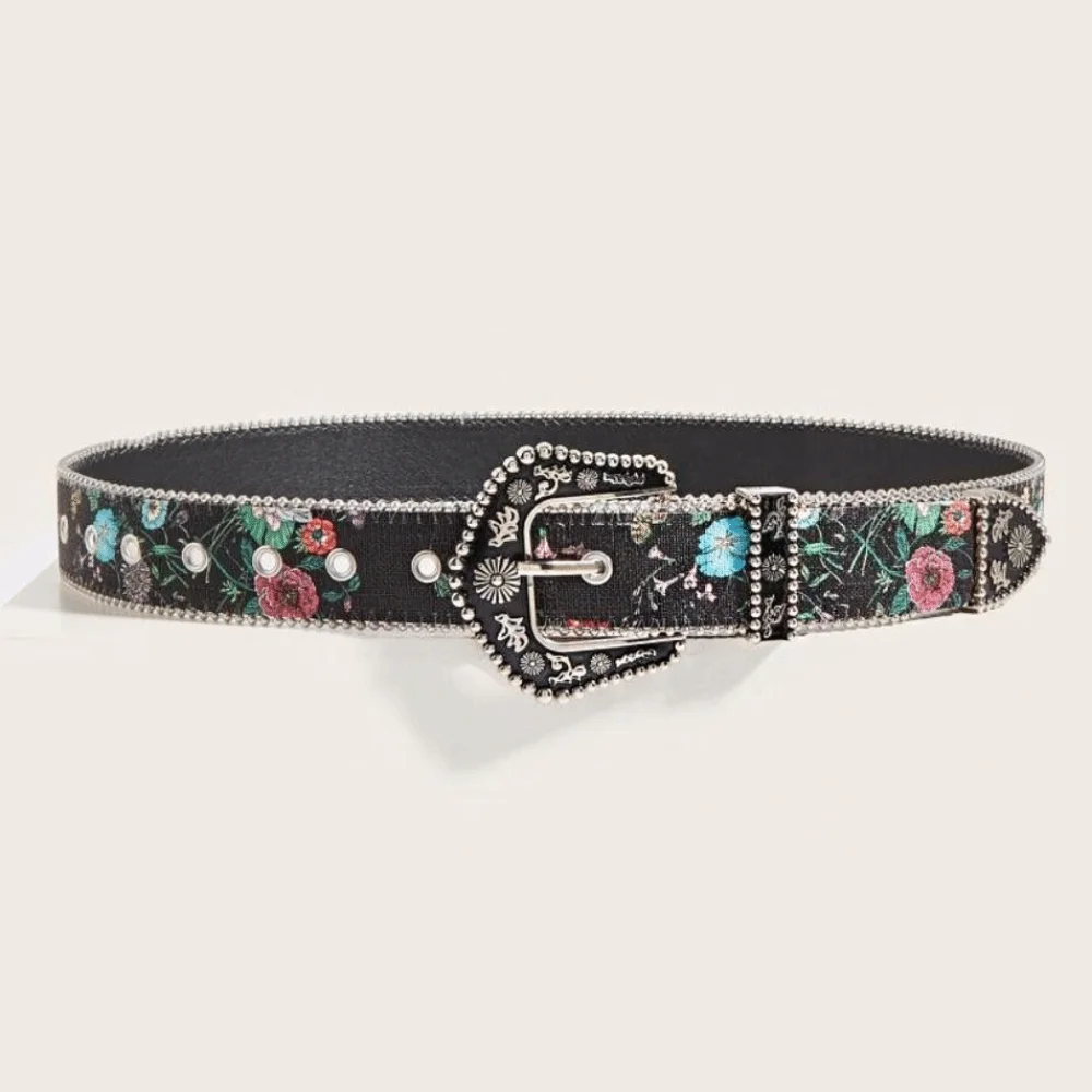 Elegant Flower Floral Belt Printed Korean Style PU Leather Waistband Dress Decor Y2K Girl Retro Waistband Daily