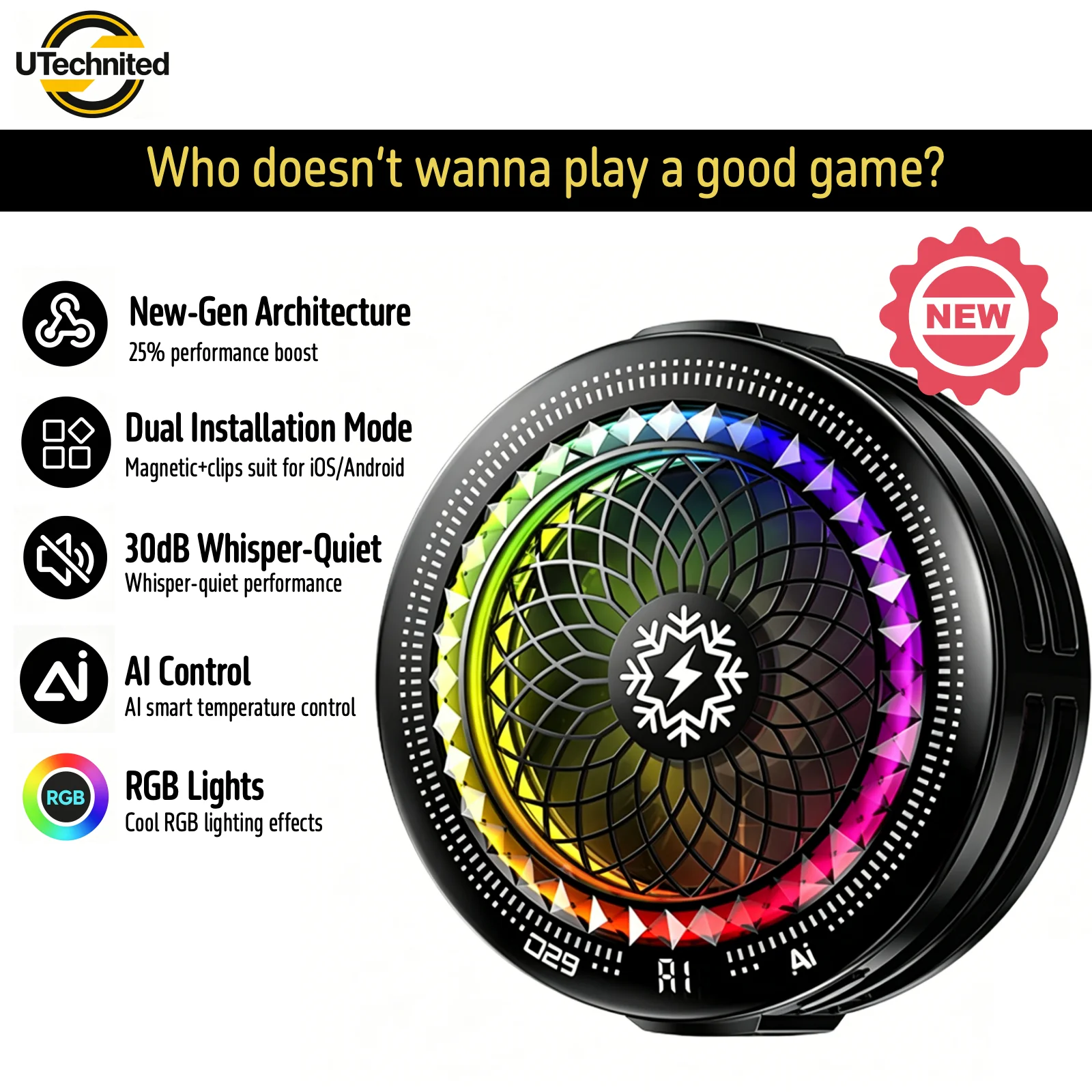 2026 TH29 Lightweight Semiconductor Phone Cooler, Real Ice Cooling Smart Temperature Control Low Noise for Gaming Live Streaming