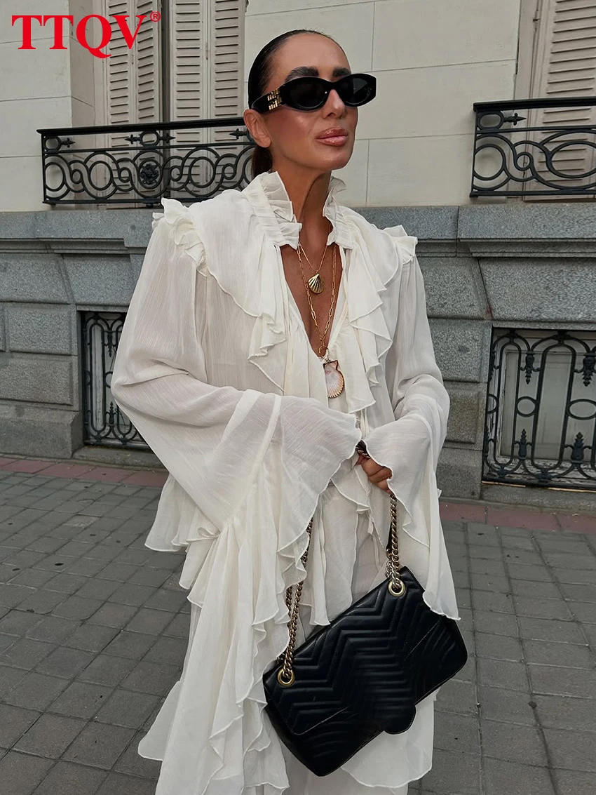 

TTQV Sexy Loose White Women Shirt 2026 Fashion V-Neck Long Sleeve Shirts Elegnt Classic Ruffles Top Female Clothing Streetwear