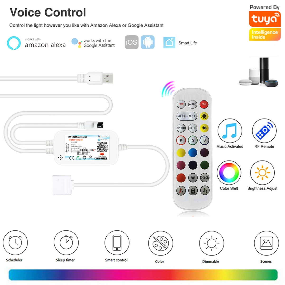 USB 5V Tuya Wifi IR 24Key Remote Control Music Controller Led Light RGB 5050 Flexible Strip Light Smart TV for Alexa Google Home