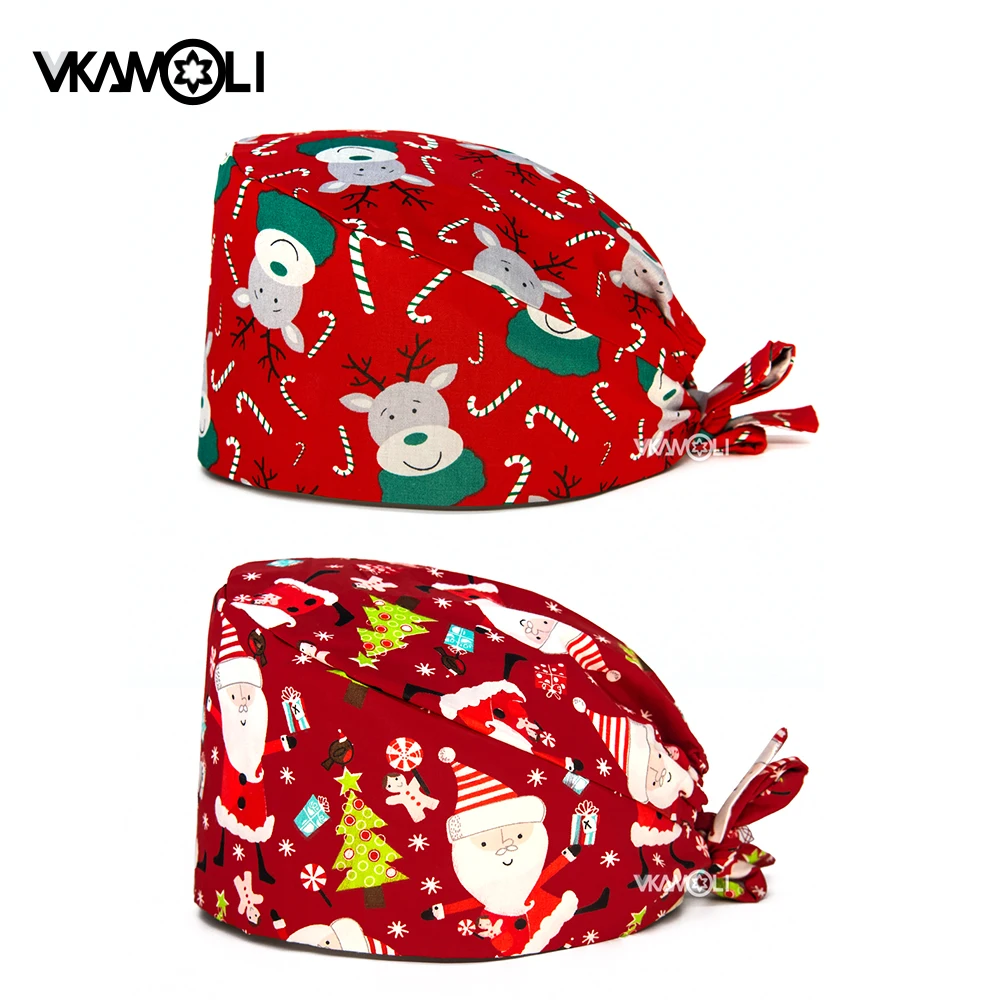 2024 جديد النساء الرجال عيد الميلاد المطبوعة فرك قبعة 100% القطن ممرضة طبيب الأسنان العمل غطاء رأس قابلة لإعادة الاستخدام قبعات التمريض الطبية #1