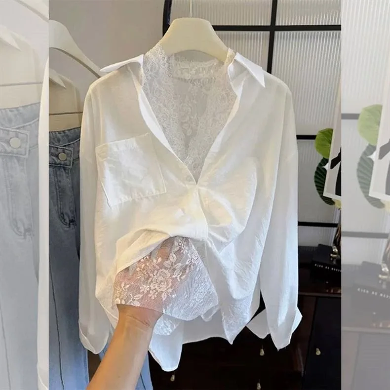 

Two Pieces Women Shirt Solid Blouses Lace Sleeveless Vest Pocket Turn Down Collar Long Sleeve Single Breasted Shirt 2026 Spring