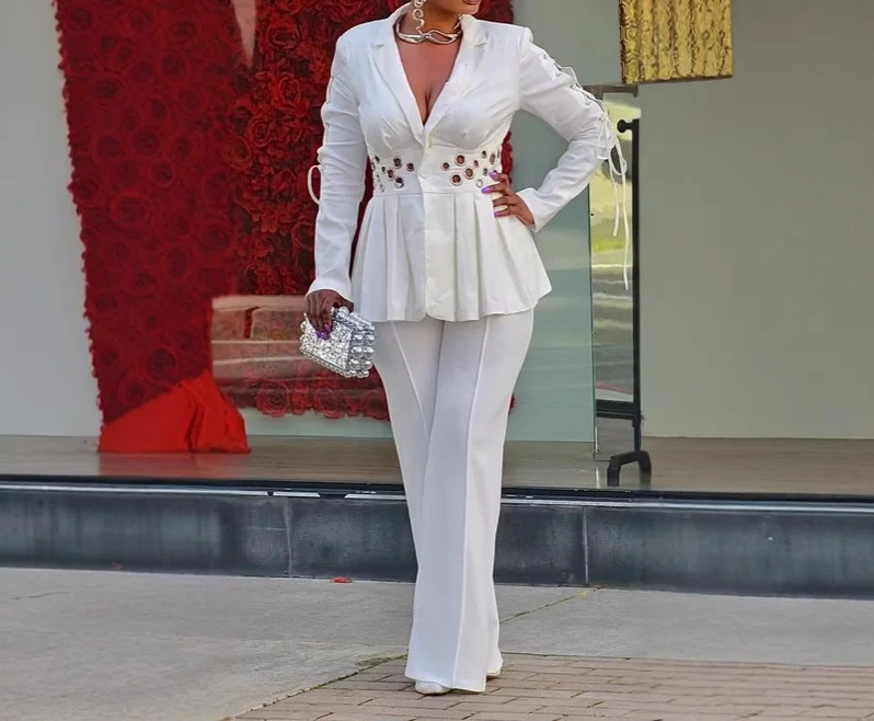 

Two Piece Set Women Outfit 2025 Spring Elegant Commuting Waist Cinching Slim Eyelets Decor Strap Blazer & High Waist Pants Set