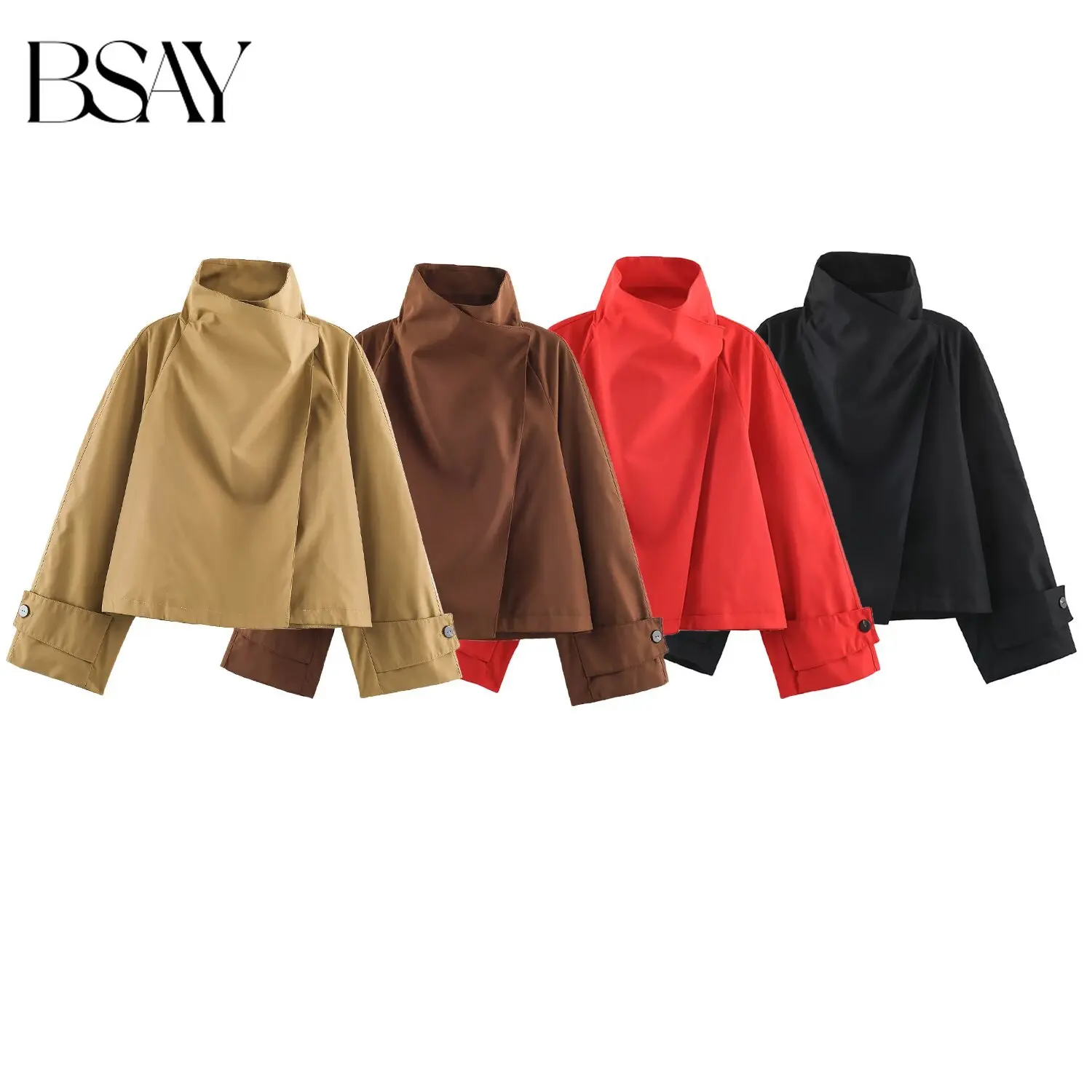 BSAY Autumn Women Vintage Loose Stand Collar Short Trench Coat Long Sleeve Asymmetric Wrap Front Raglan Sleeve Casual Outerwear