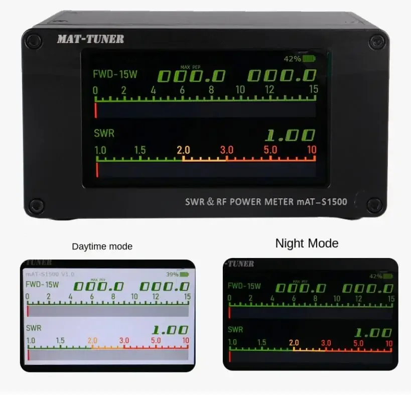 mAT-S1500 1500W1.8-54MHz SWR & Power Meter For HF Shortwave Radio Digital 4.3inch LCD + 3 colors display + High SWR Alarm