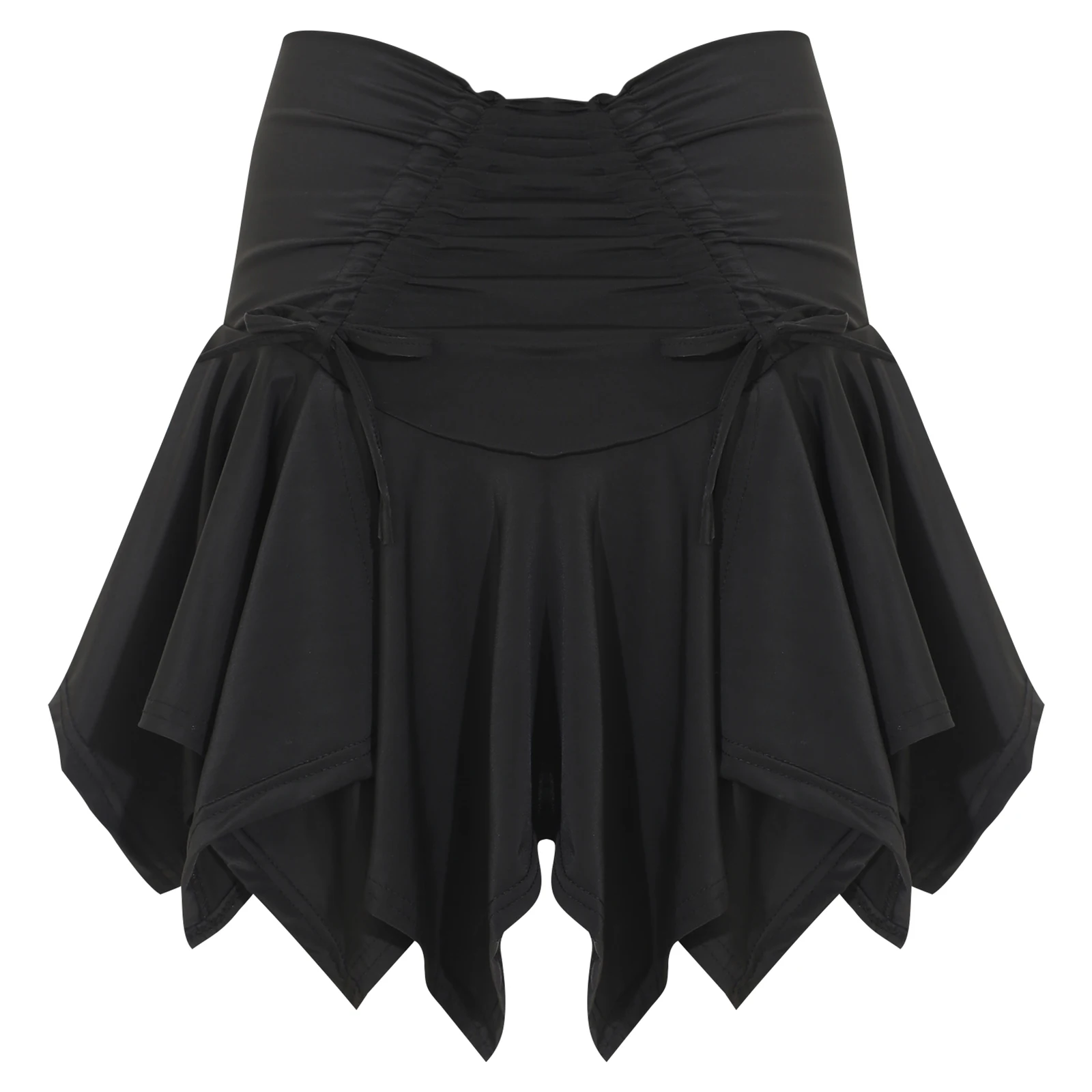 Womens Gothic Punk Mini Skirt Tie-Up Ruched Drawstring Irregular Hem Pleated Miniskirts with Safety Briefs Dance Party Clubwear