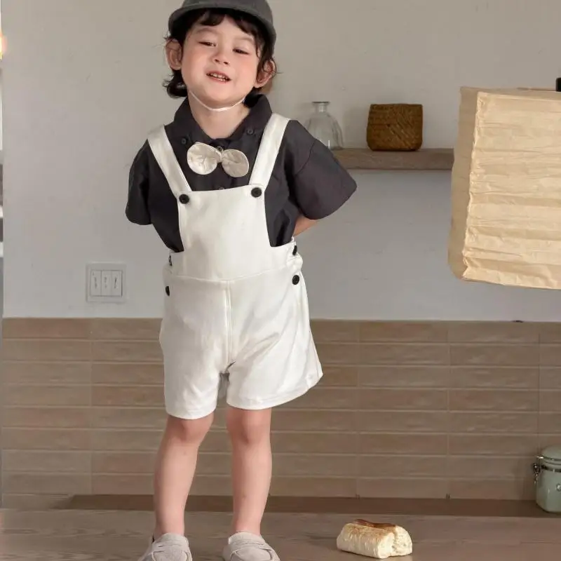 2026 Summer New Baby Boy Gentleman Clothes Set Kids Boys Short Sleeve Shirts + Overalls 2pcs Suit Toddler Gentry Outfits