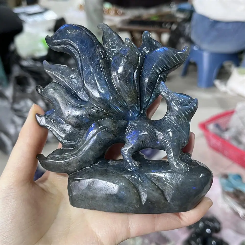 Labradorite Nine-tailed Fox Animal Quartz Carving Polished Natural Healing Figurine Home Decor Animal Craft Gift