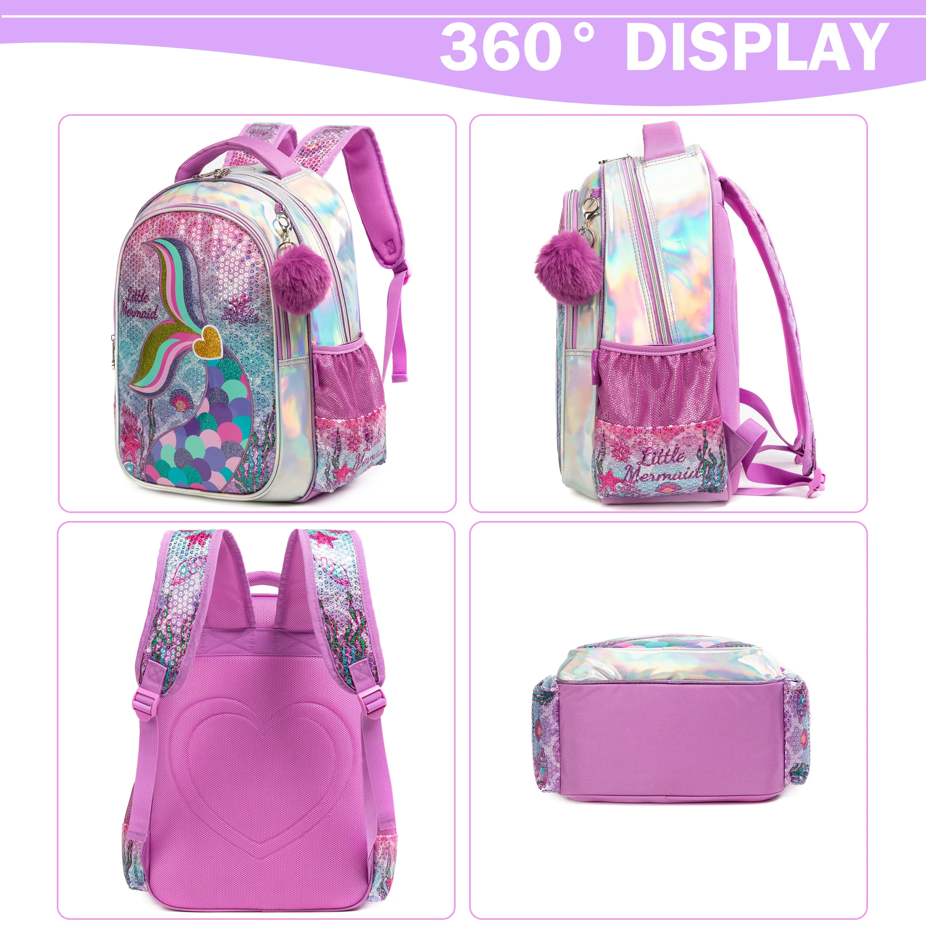 Meetbelify Mermaid Backpack for Girls Backpacks for Elementary Preschool Students Kids School Cute Backpack with Lunch Box