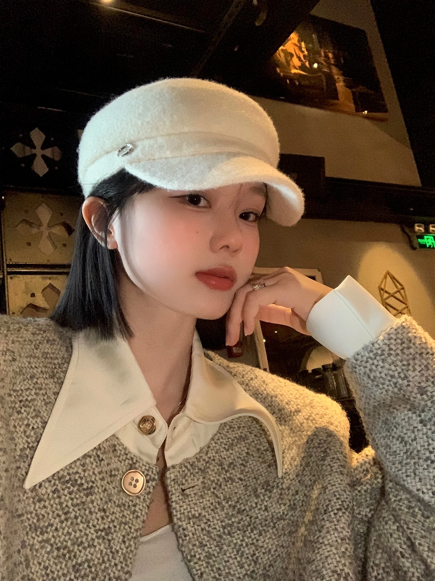 Elegant White Woolen Beret Hat Women's Autumn Winter Small Face Flat Top Hat Large Head Circumference Jockey Artist Hat