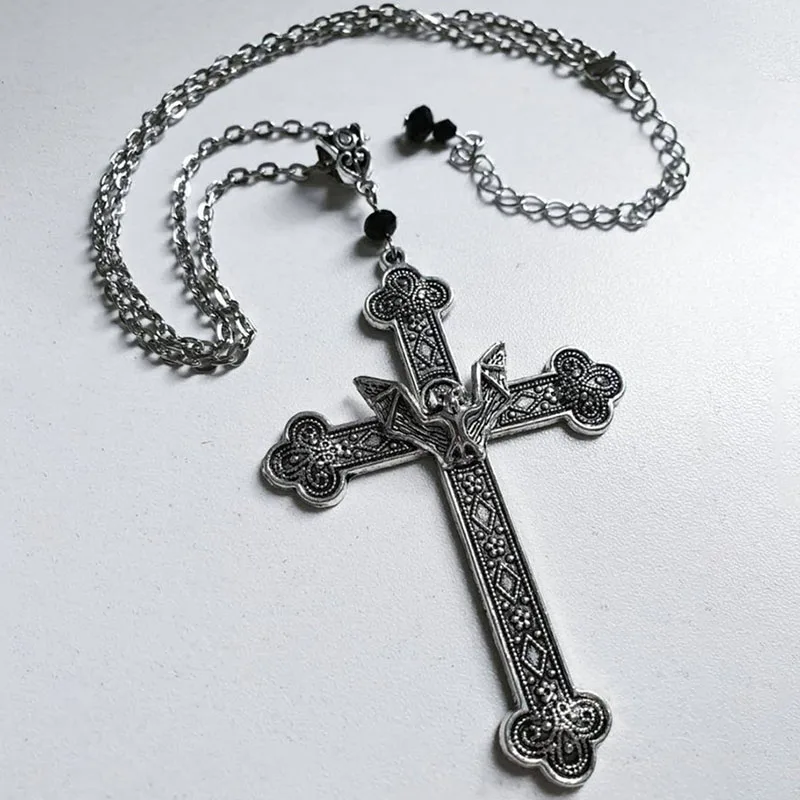 Vintage Gothic Vampire Bat Cross Necklace For Women Man Silver Color Crystals Gothic Crucifix Symbol Easter Unisex Jewelry