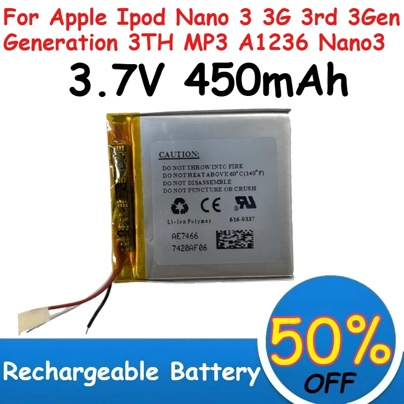 

616-0337 Lithium Polymer Battery 450mAh for Apple Ipod Nano 3 3G 3rd 3Gen Generation 3TH MP3 A1236 Nano3 Rechargeable Batteries