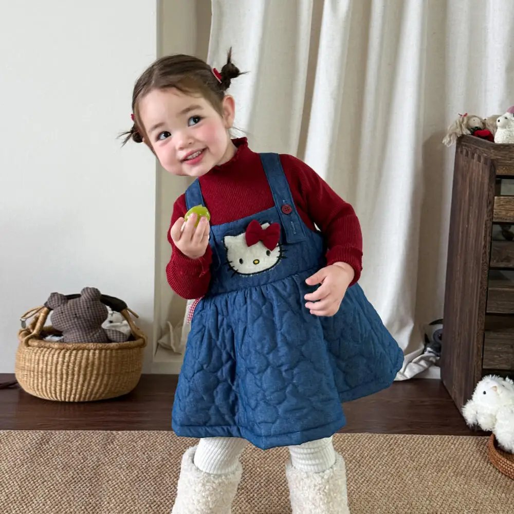سانريو مرحبا كيتي ملابس الفتيات فستان الخريف/الشتاء جديد لطيف أنيق الطفل القطن مبطن حزام الكتف تنورة الأميرة تنورة