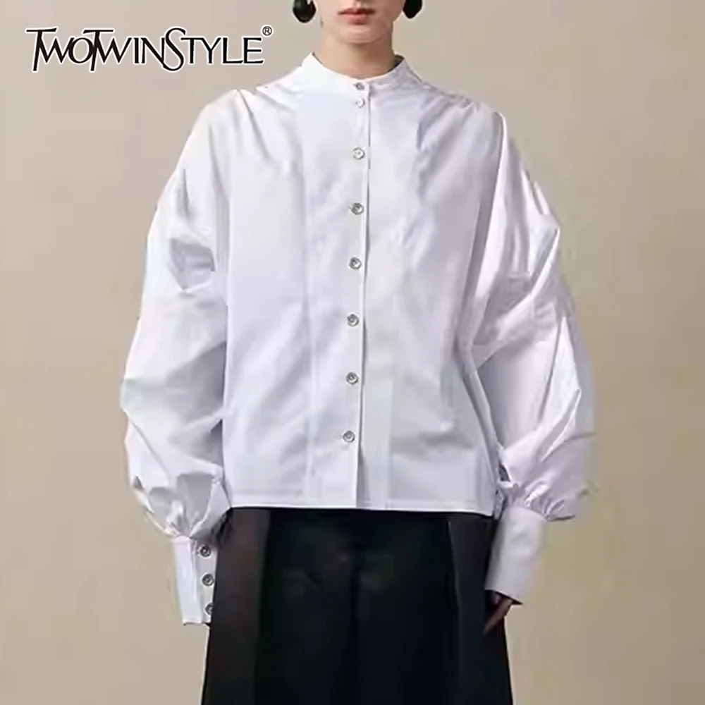 

TWOTWINSTYLE Solid Spliced Single Breasted Shirt Female O Neck Lantern Sleeve Casual Loose Women's Shirts Autumn Style Fashion