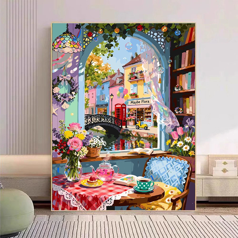 European Cafe Window Scenery Modern Wall Decor Oil Painting By Numbers for Living Room Bedroom Perfect Gift No Frame