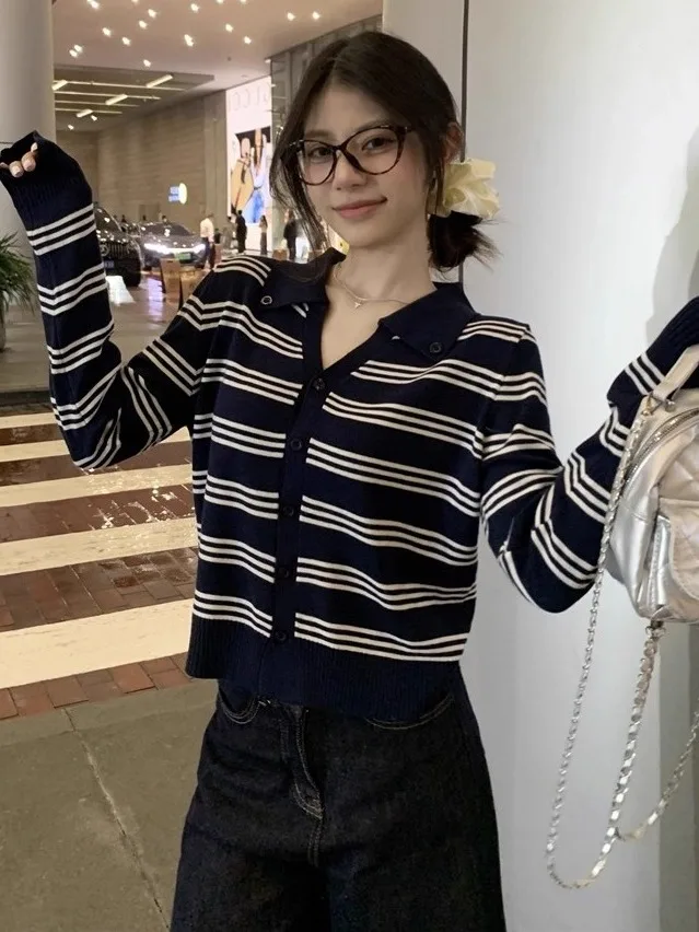 

Женский тонкий вязаный кардиган Slim Fit с длинными рукавами, в полоску, синий, в корейском стиле, для ранней осени