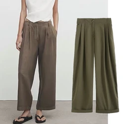 Maxdutti New French Country Casual Pants Women Cotton Linen Casual Pants Fashion High Waist Fold Commuter