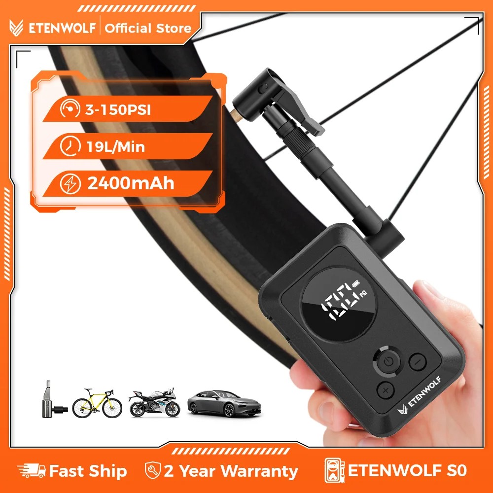 ETENWOLF S0 Electric Bike Pump, Rapid Inflation, 150PSI 2400mAh Powerful & Portable Air Pump for Car Tires, Mmount Bikes