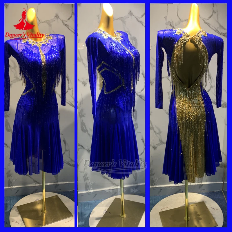 Two Colors Matching Chacha Samba AB Stone Long Sleeves Sexy Dress Dancer's Vitality Adult Latin Dance Perform Clothes Customize