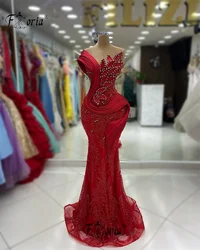 Elegant Dubai Red Mermaid Wedding Evening Dress Beaded 3D Leaf Appliques Formal Occasion Gown Prom Party Dress robes de cocktail