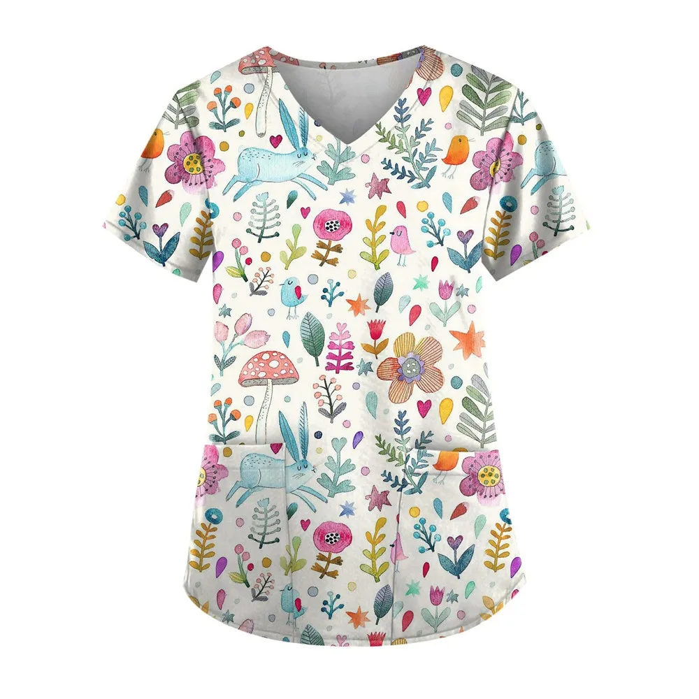 Women's Cartoon Rabbit 3D Print T-shirt Tops V-Neck With Pocket Medical Uniforms Nursing Short Sleeve T-shirt Tops Work Uniform