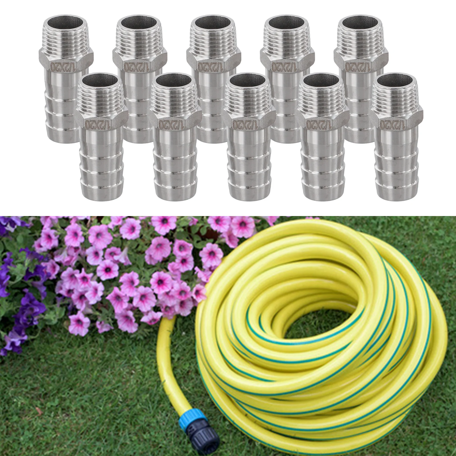 Outdoor Watering Stainless Steel Fittings 1 2 Inch Barb Fitting Transfer Fitting Water Pipe Connector 10 Piece Set