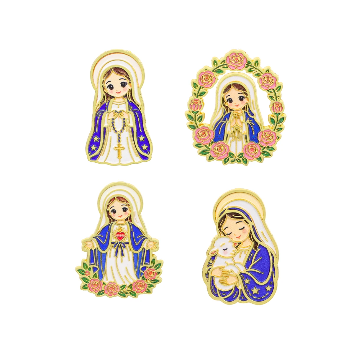 4-teiliges Kawaii religiöses Jungfrau-Maria-Broschen-Set, florale Emaille-Anstecknadel für Rucksack- und Kleidungsdekoration, Geschenk mit Glaubensthema – Detail 2