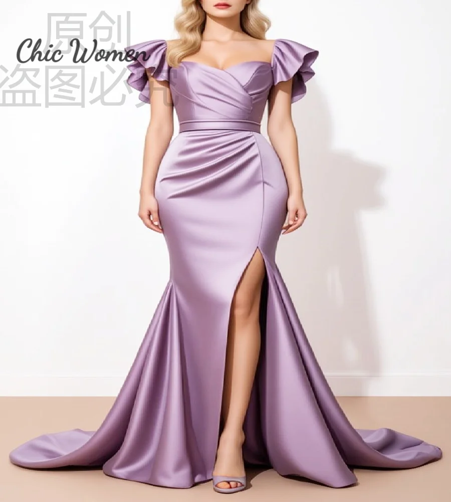 Elegante luz roxa sereia vestido de baile 2026 mangas boné cetim de seda fenda vestido formal gracioso querida vestido de noite modesto