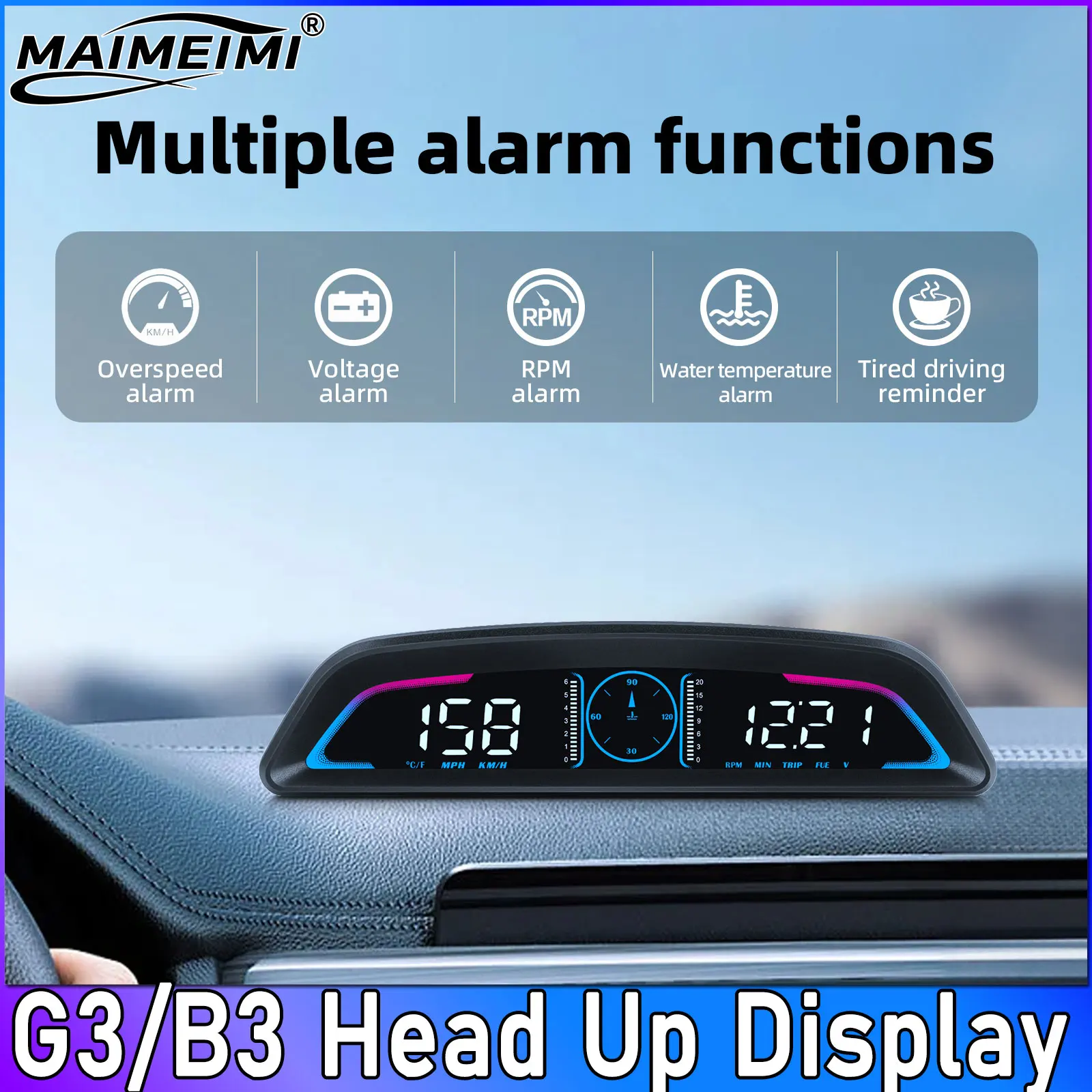 G3 B3 Head Up Display OBD2 GPS Smart Car HUD Digital Speedometer Security Alarm RPM Water Temperature Tachometer Clock