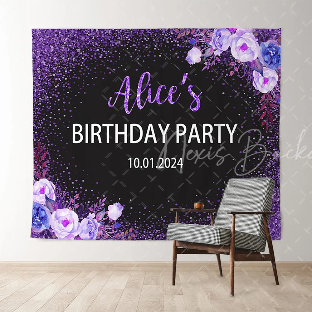

Персонализированный фиолетовый блестящий цветочный фон для дня рождения для женщин, блестящий фон для фотосъемки, украшение для вечеринки