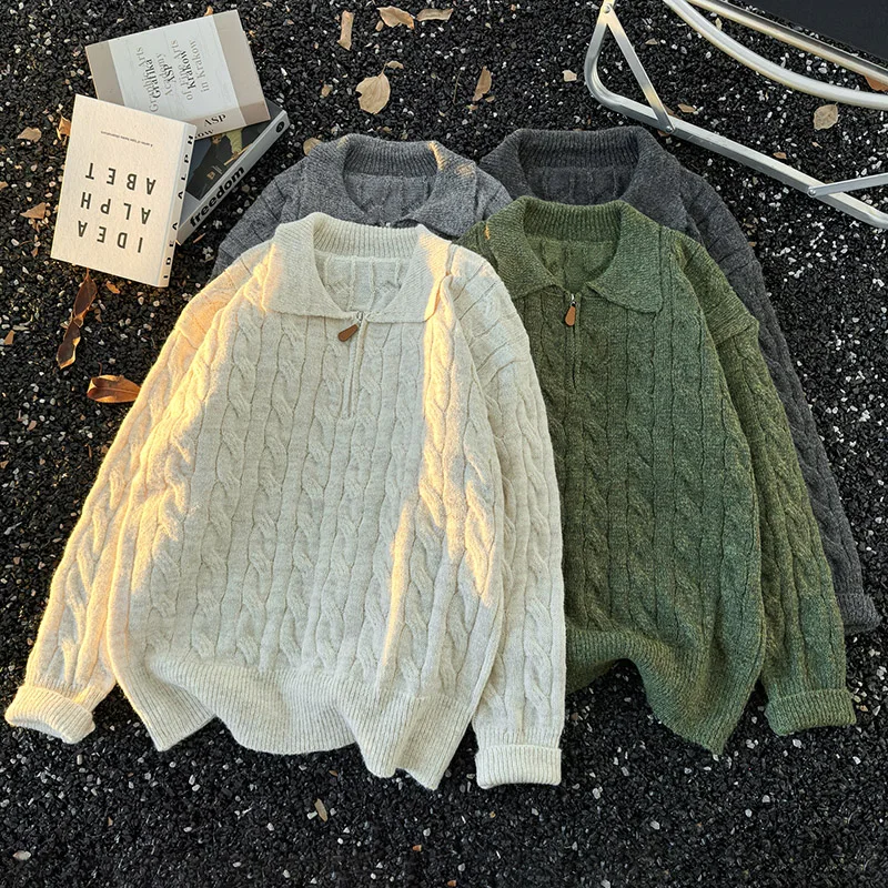 

Retro Knitted Ne Sweater Men's f Zipper Turn-down Collar Warm Base Layer irt Faionable Winter Long Sve Top