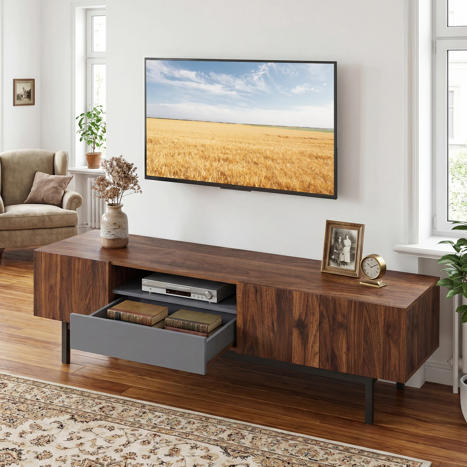 TV Stand for TVs up to 80” w/ Drawer Cable Hole Metal Legs Entertainment Center