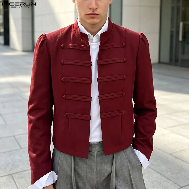 INCERUN Herrenjacken, einfarbig, mit Stehkragen, langen Ärmeln, offener Strickoptik, Herrenmäntel, Streetwear, elegante Party-Mode, Oberbekleidung für Herren.