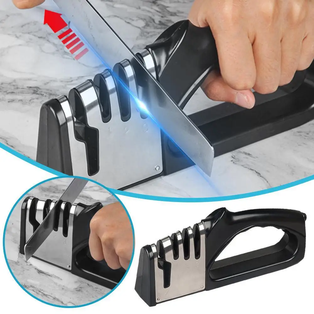 

1pcs 3/4 Segment Cutter Knife Sharpener Kitchen Handheld Three-purpose Sharpening Stone Tool with Non Slip Base Kitchen Knives